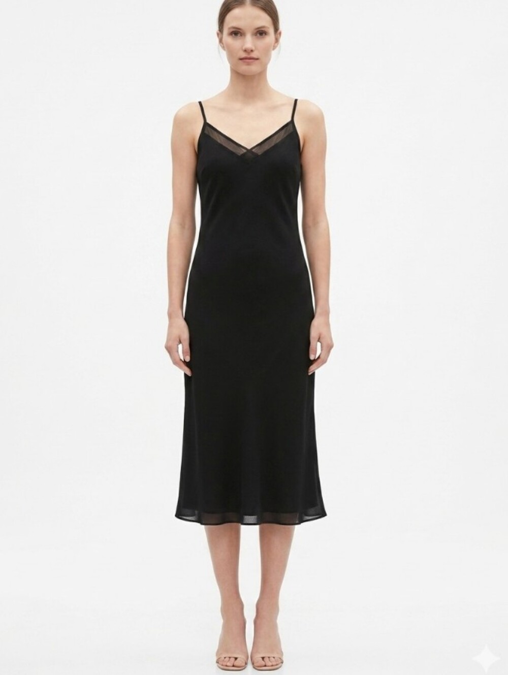 Banana Republic Black Midi Slip Dress with Mesh V-Neck